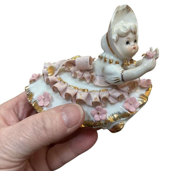Lefton Bloomer Girls by Geo Z Figurine Gold Pink Dress 50s Victorian FLAW READ - Picture 8 of 13